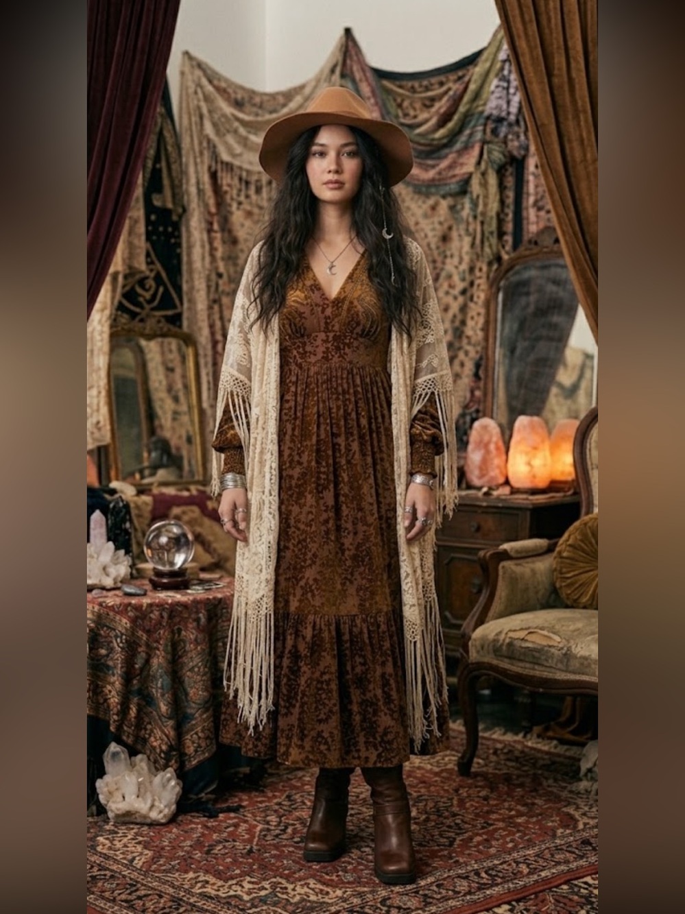 In Loom Brown Velvet V-Neck Maxi Dress size L NWT